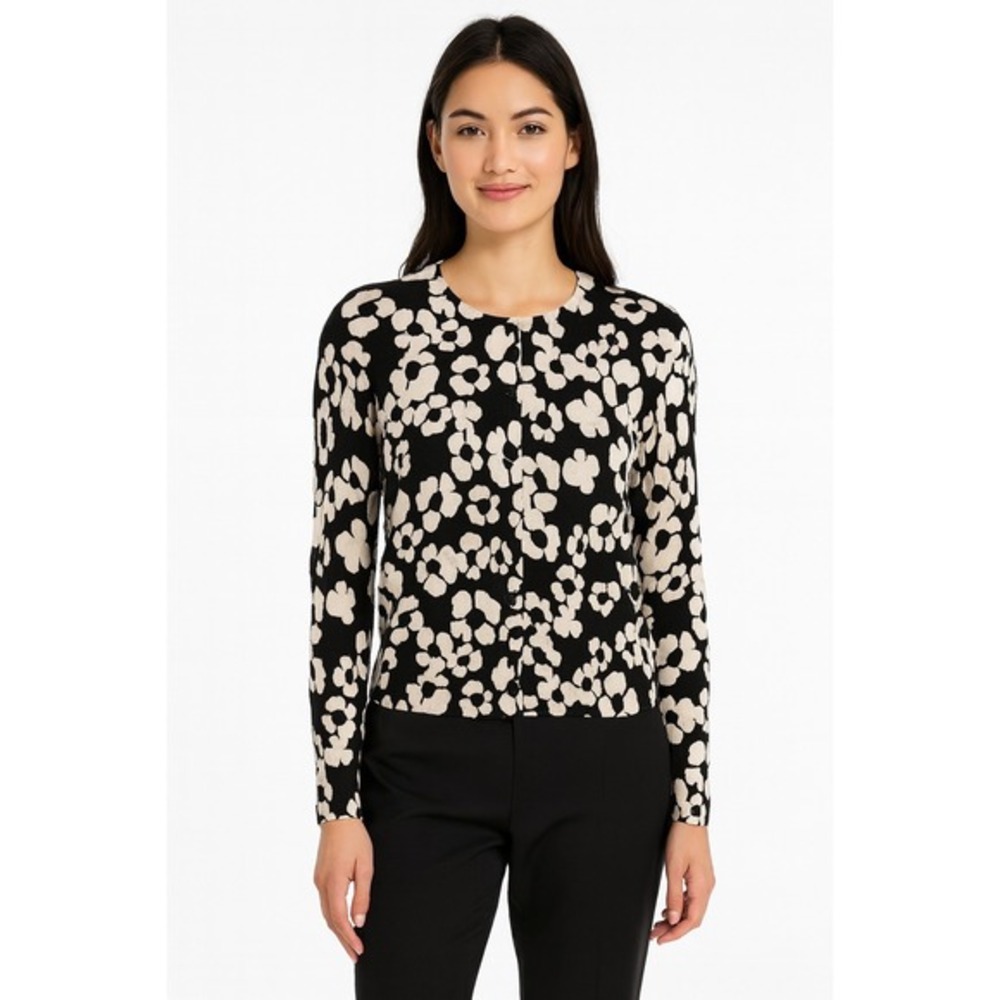 LOFT Black White Floral Print Button Front Cardigan Sweater Preppy 84-19